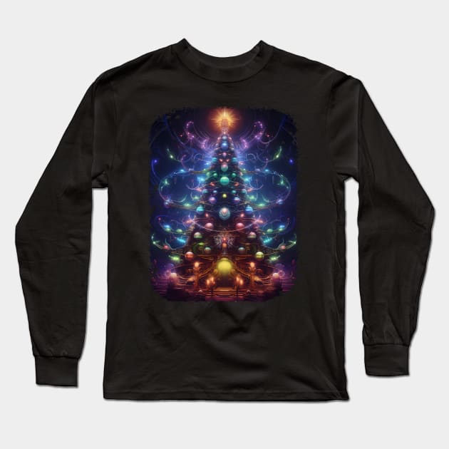 Fantastical Bright Christmas Tree Long Sleeve T-Shirt by Obotan Mmienu